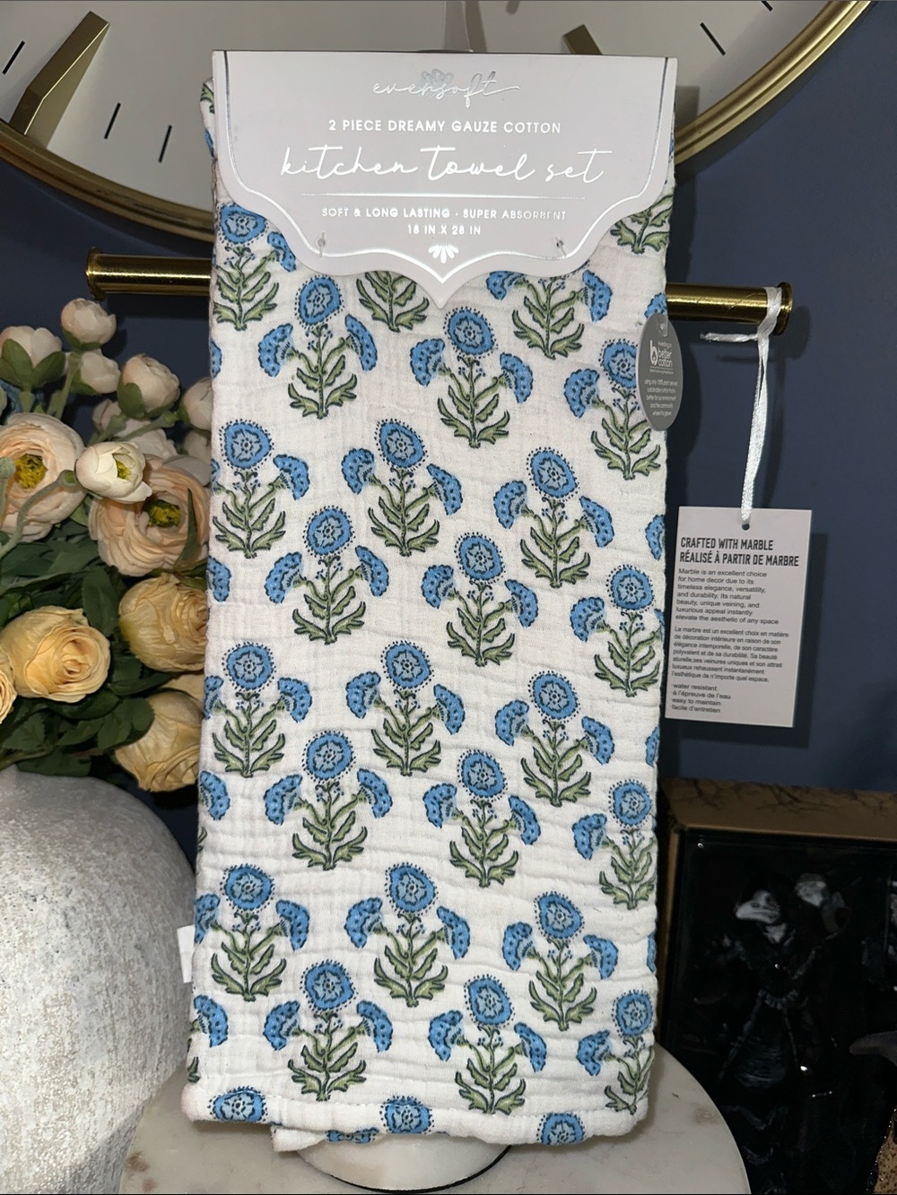 Blue Floral block print Gauze Cotton Kitchen Towel Set